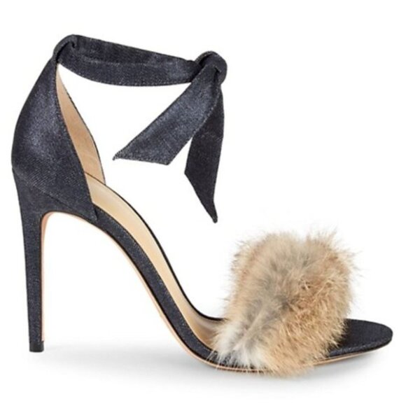Alexandre Birman Clarita 100 Rabbit Fur Denim Sandals Heels Tie Size 36 6 - Picture 1 of 10